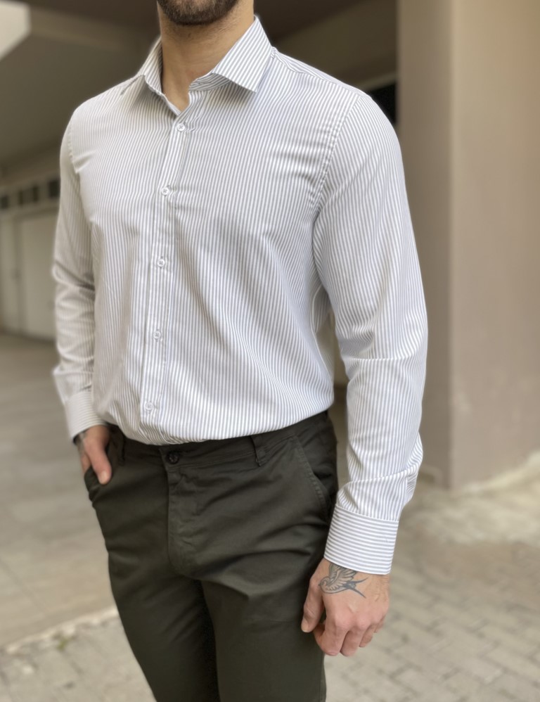 Ανδρικό πουκάμισο με γιακά λευκό με πράσινη ρίγα 2097P φωτογραφία